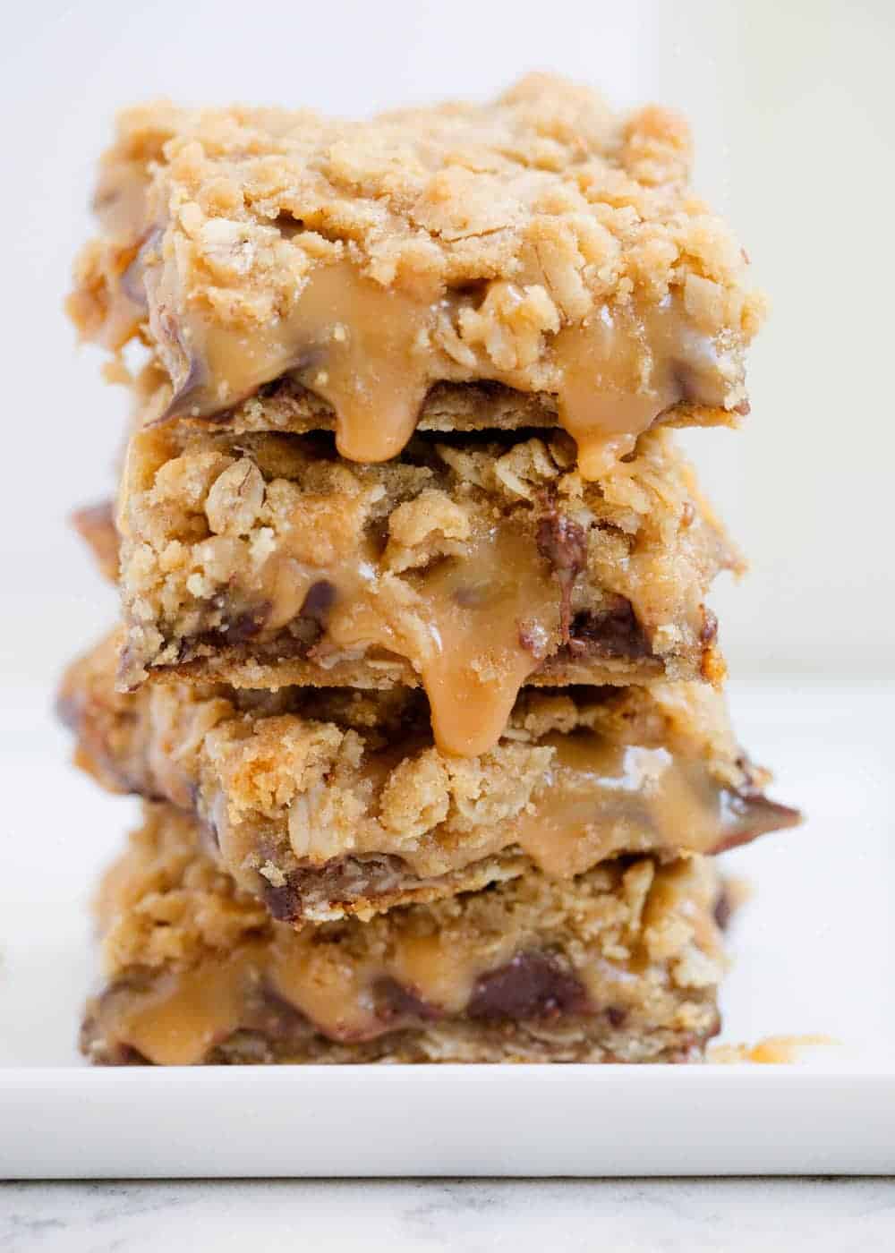 Stack of gooey carmelita bars.