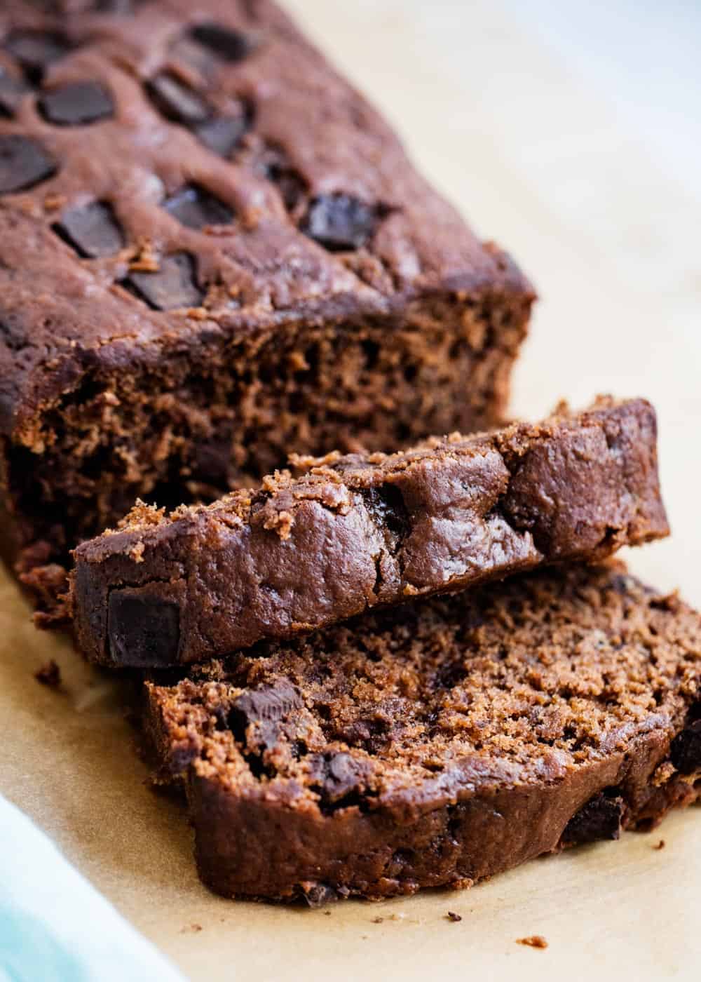 Sliced chocolate banana bread.