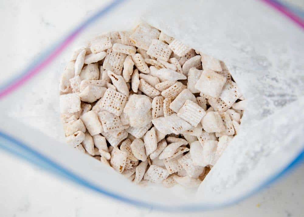 Lemon muddy buddies in a zip top bag.