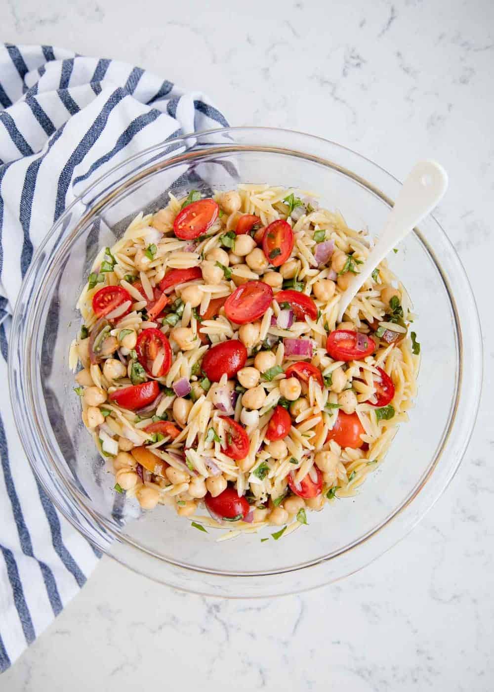 Orzo pasta salad in a large bowl.