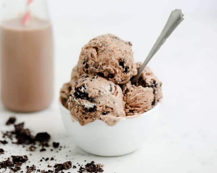 scoops of chocolate ice cream in a white bowl 