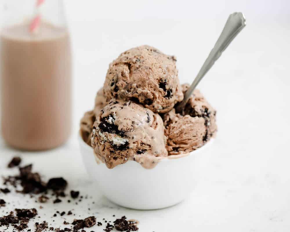 Scoops of chocolate ice cream in a white bowl.