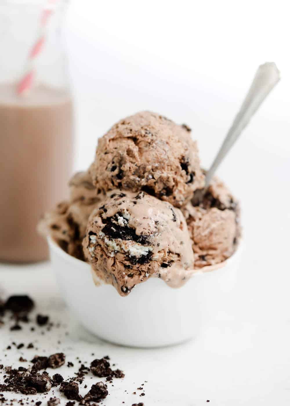 Bowl of chocolate ice cream with crushed Oreo's.