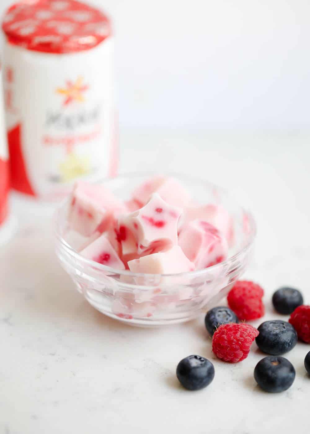 Yogurt bites in a glass bowl.