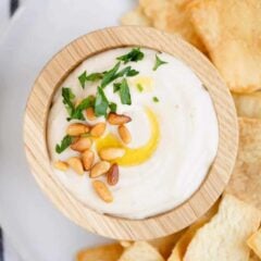 white bean hummus in a wooden bowl