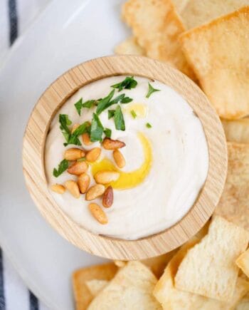 white bean hummus in a wooden bowl