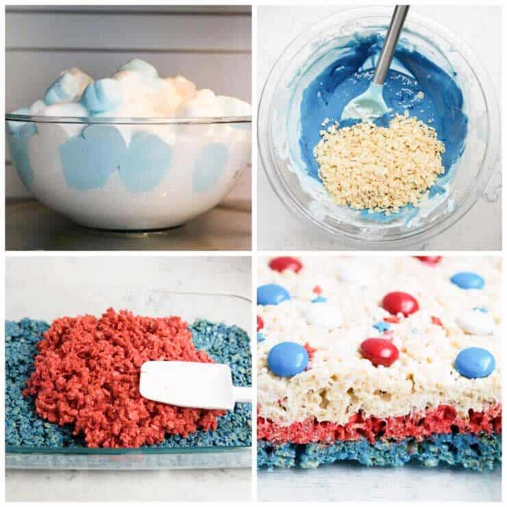 Making layered rice krispie treats for 4th of July.
