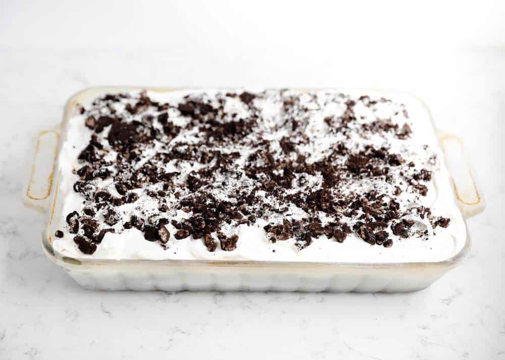 Oreo ice cream cake in a baking dish.