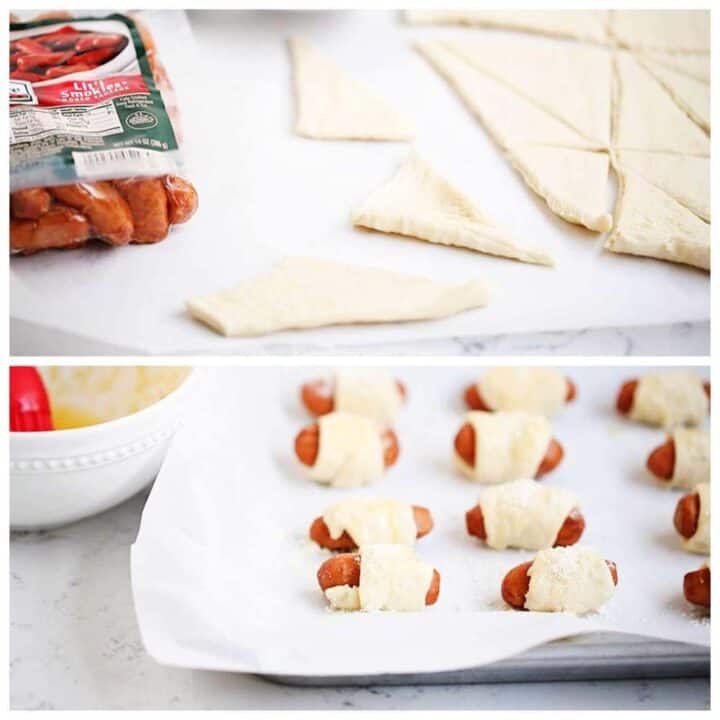 crescent roll pigs in a blanket on baking sheet 