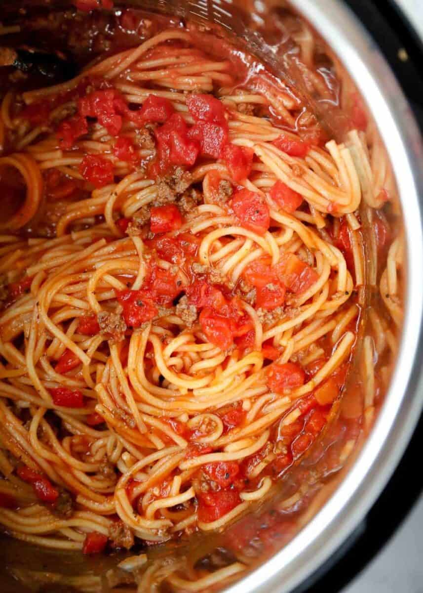 A close up of spaghetti in the instant pot 