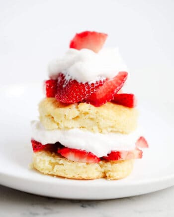 strawberry shortcake biscuit on a white plate