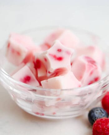 frozen yogurt bites in a glass bowl