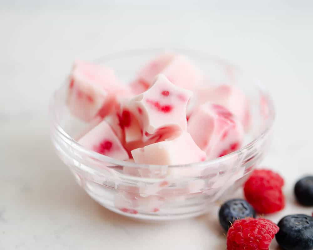 Yogurt bites in a glass bowl.