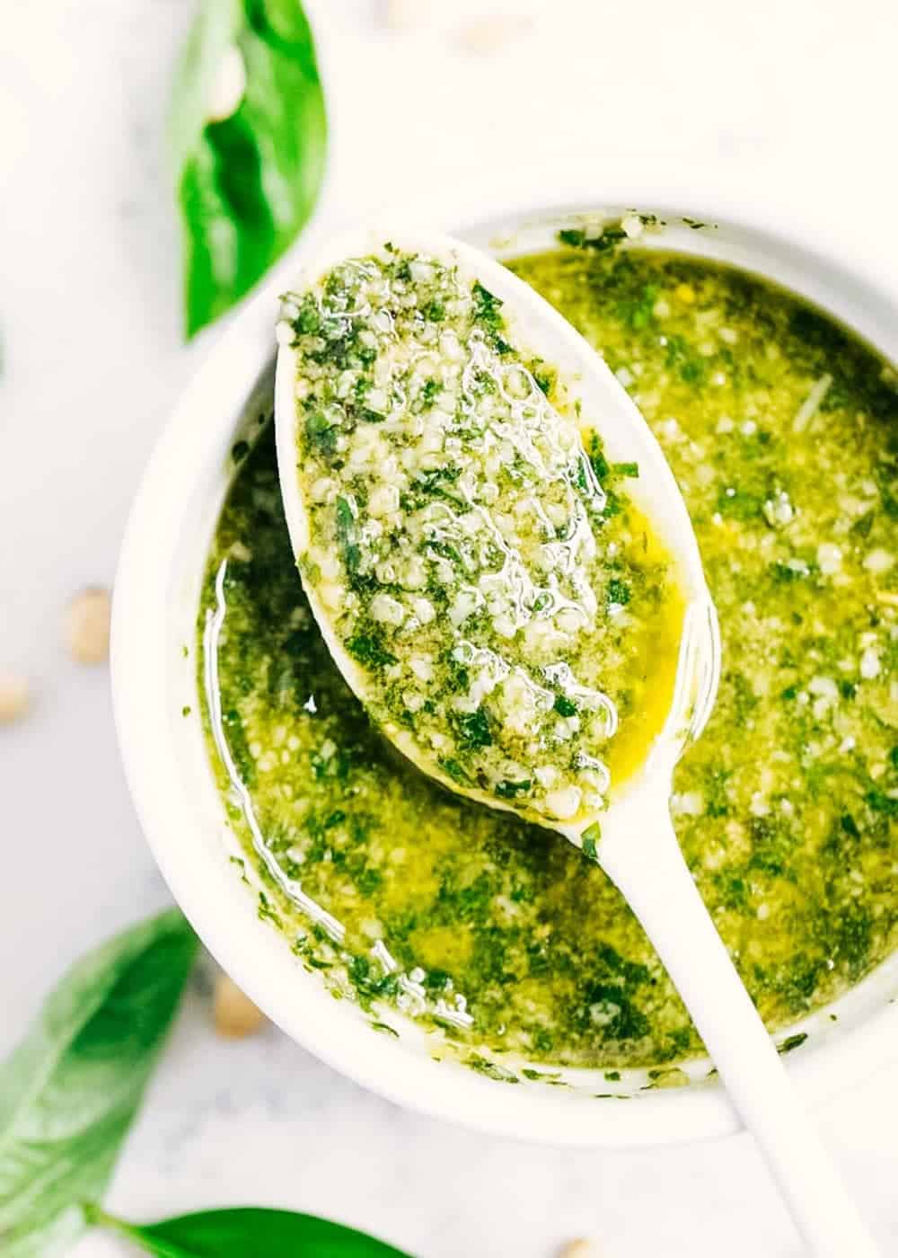 Spoonful of homemade basil pesto.