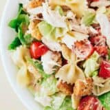 close up of chicken caesar pasta salad