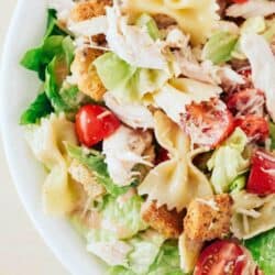 close up of chicken caesar pasta salad