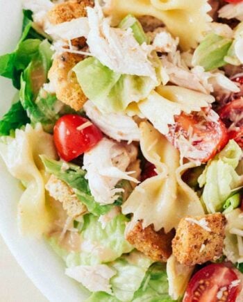 close up of chicken caesar pasta salad