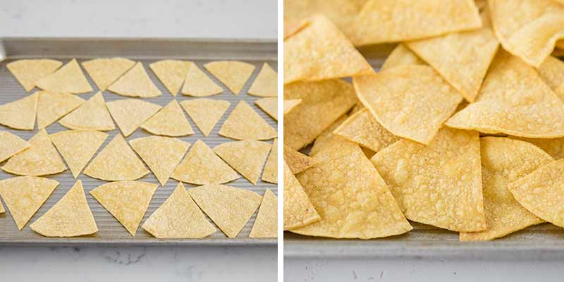 Baking tortilla chips on baking sheet.