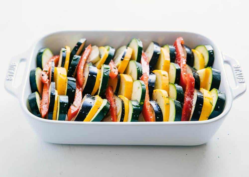 Ratatouille baked in a white dish.