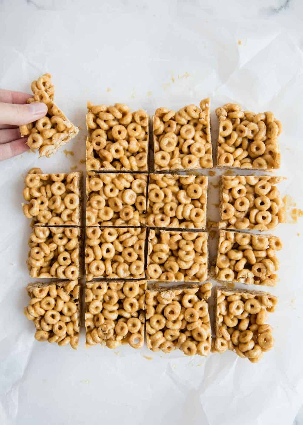 Homemade cereal bars cut into squares.
