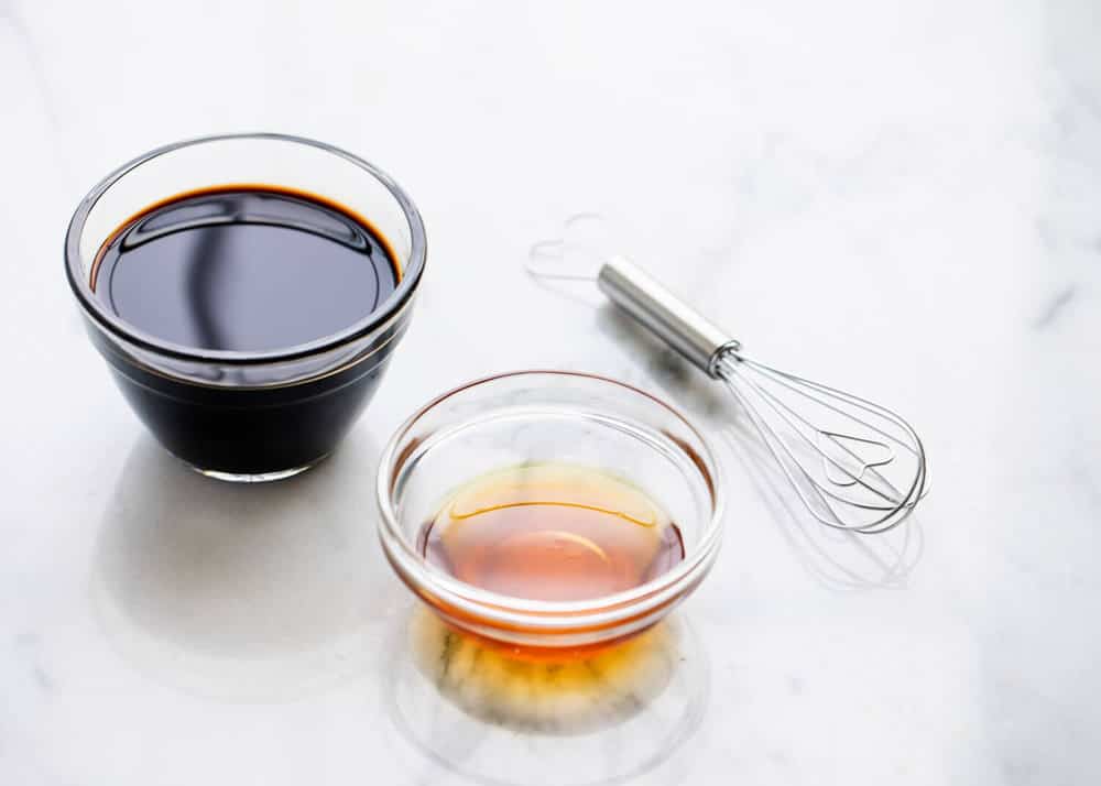 Ingredients for balsamic glaze on counter.