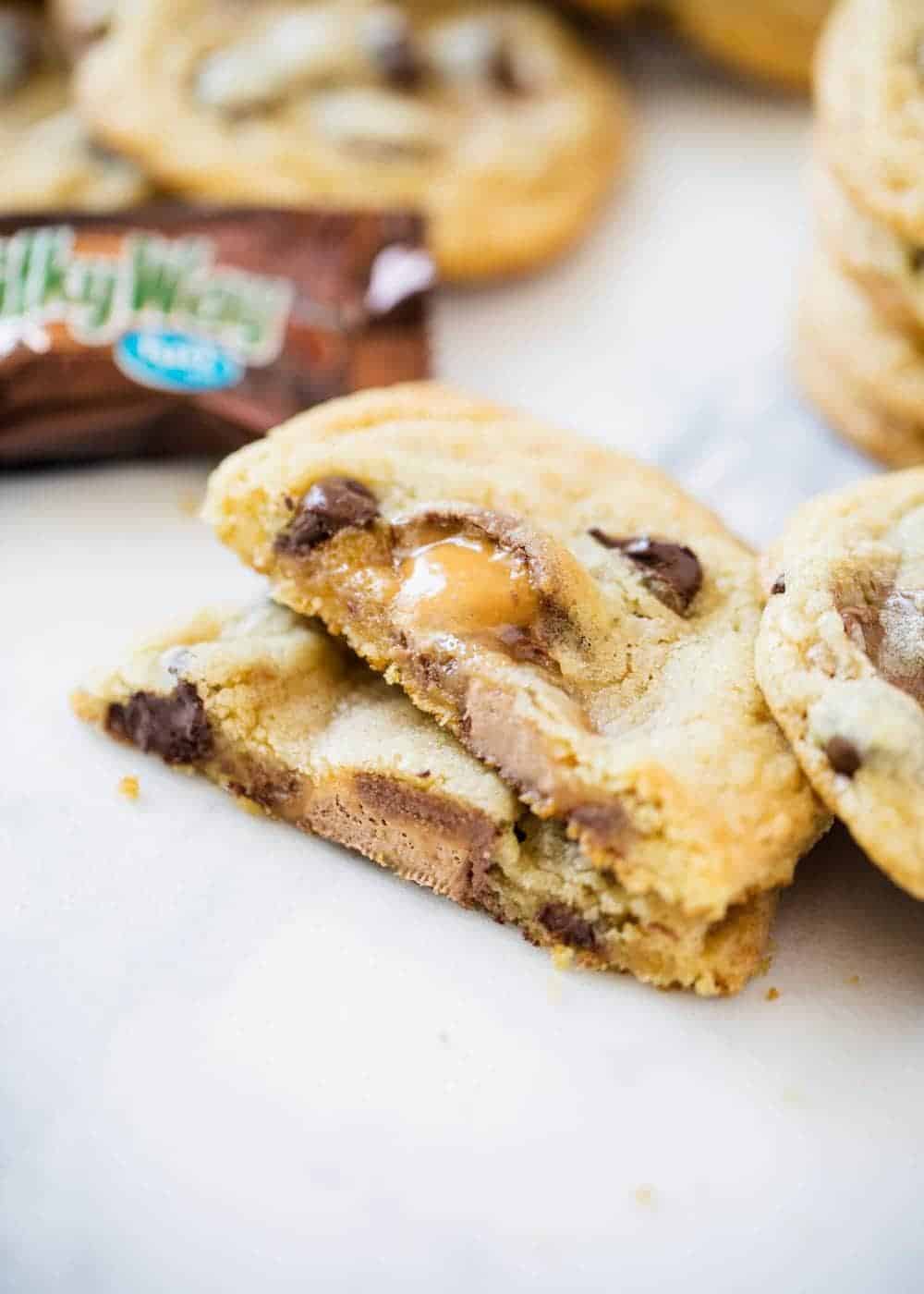 Milky way cookies broken in half.