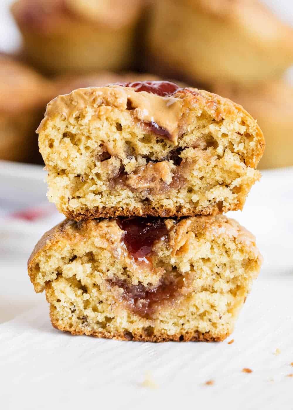 Stack of PB&J muffins.