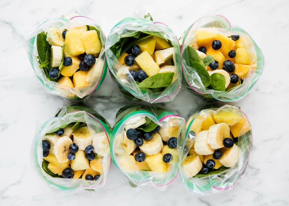 Smoothie prep bags on counter.