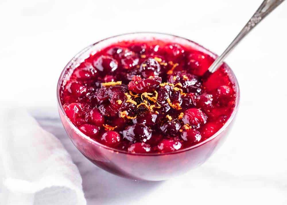Homemade cranberry sauce in bowl.