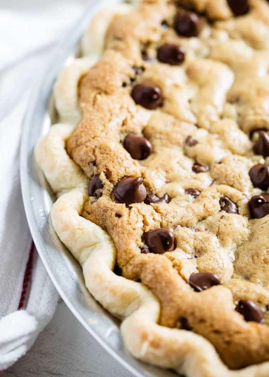 close up of baked cookie pie in pan 