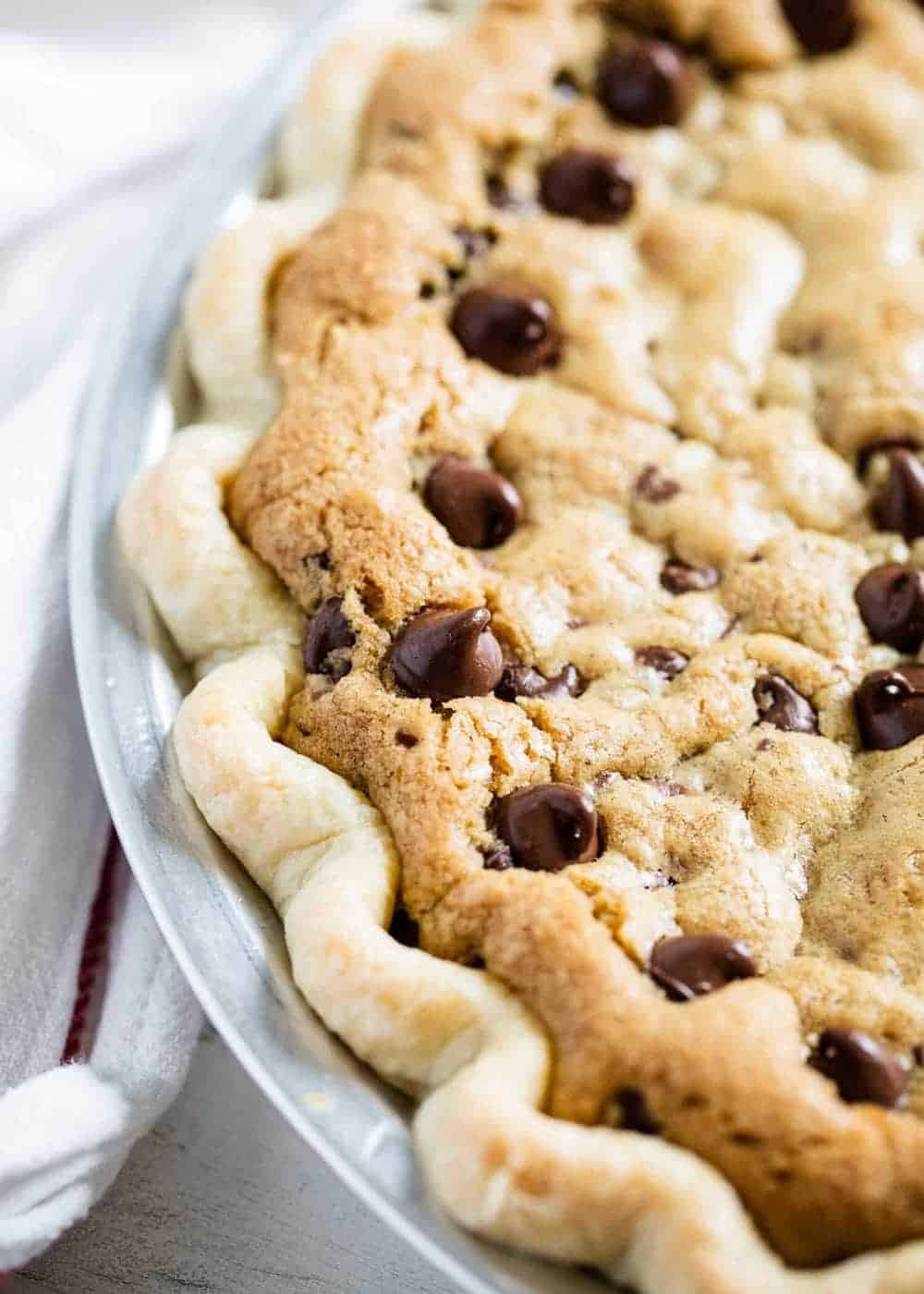 Close up of baked cookie pie in pan.