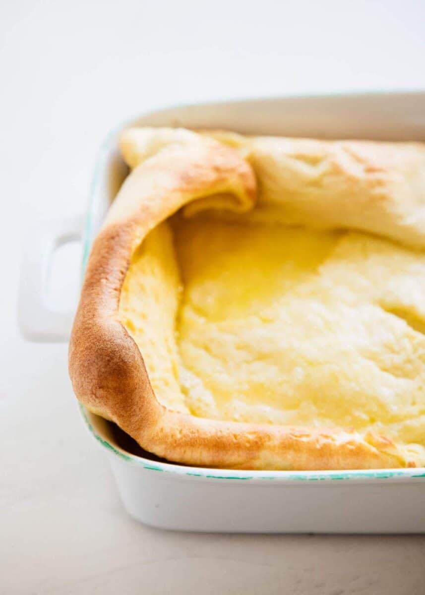 fluffy baked german pancakes in a baking dish 
