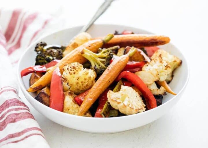 roasted vegetables in a white bowl 