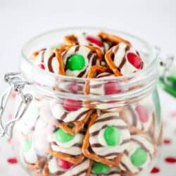 Christmas pretzel hugs in a glass container