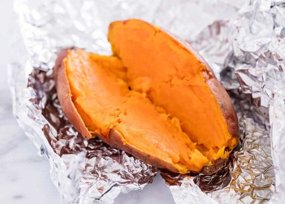 Baked sweet potato in foil.