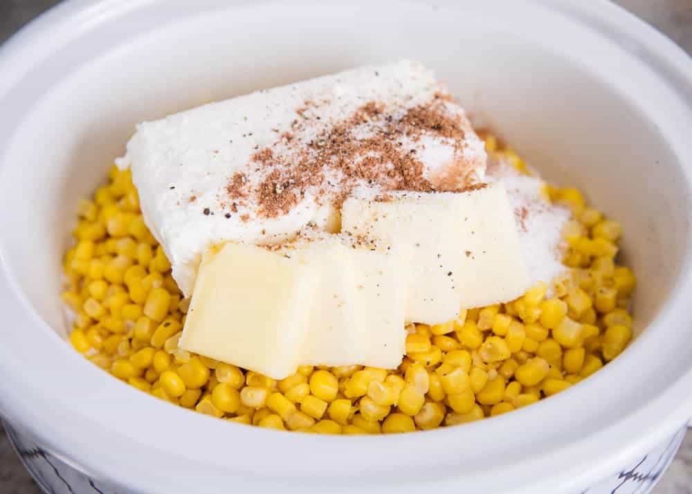 Creamed corn ingredients in slow cooker.