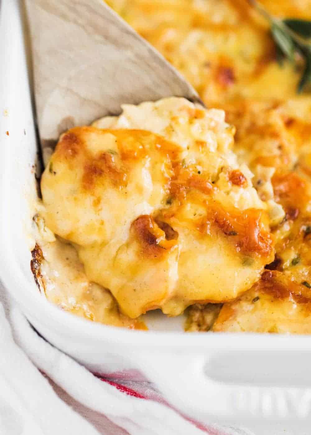 Scalloped sweet potatoes on wooden spoon.