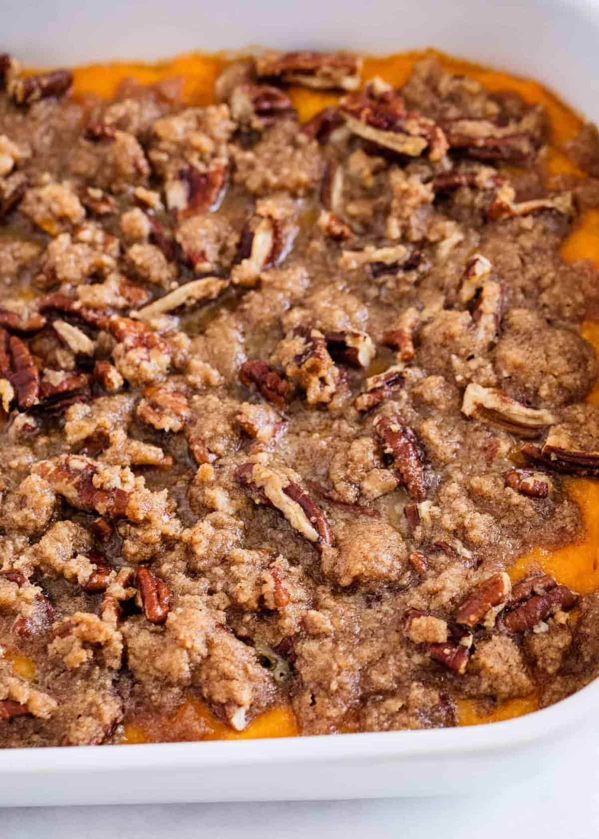 Sweet potato casserole in baking dish. 