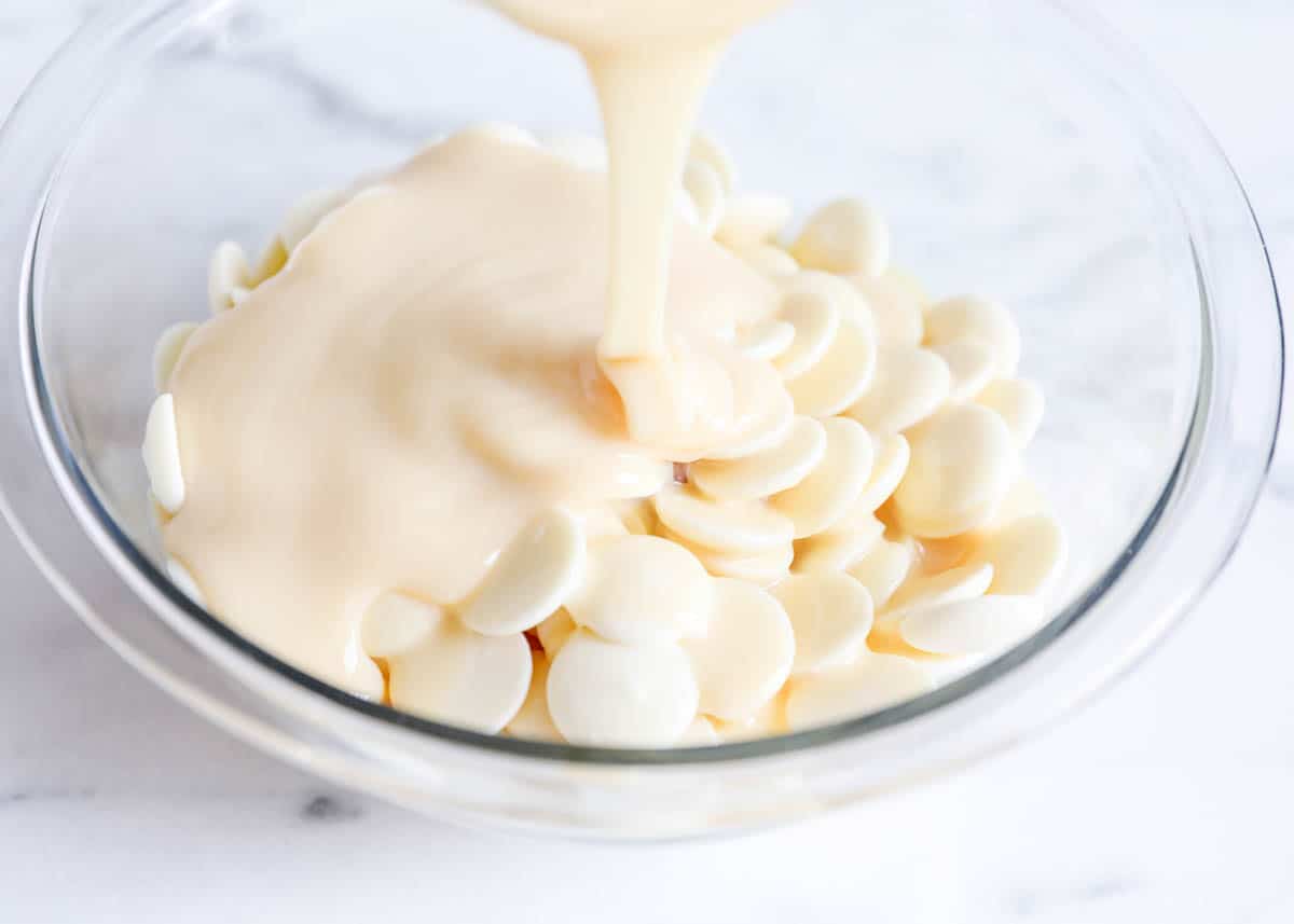 white chocolate and sweetened condensed milk in bowl