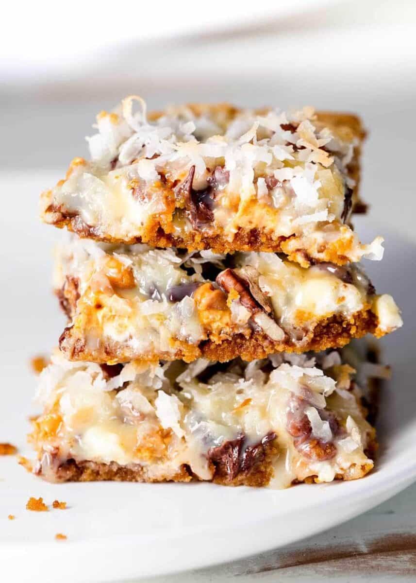 stack of 7 layer magic bars on a plate 