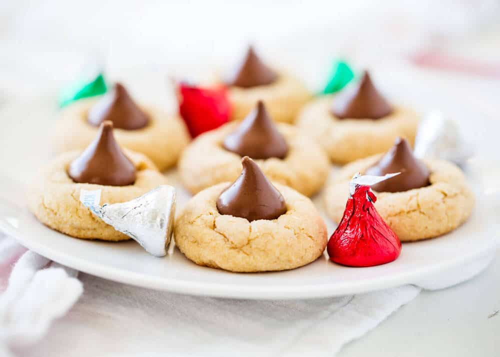 Peanut butter blossoms on plate.