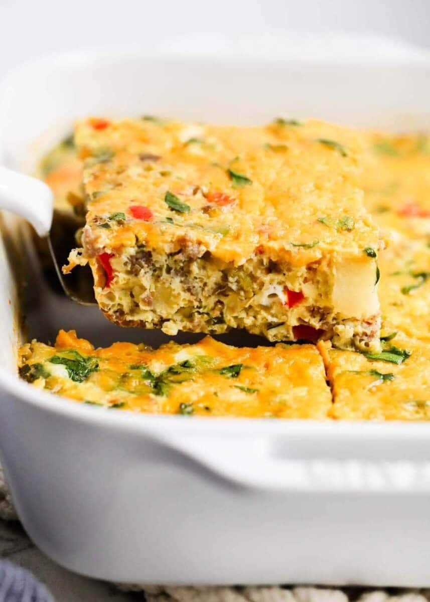 This make-ahead sausage and egg breakfast casserole is one of my go-to easy breakfast recipes! The perfect dish to make for holidays or Sunday brunch. breakfast casserole in pan