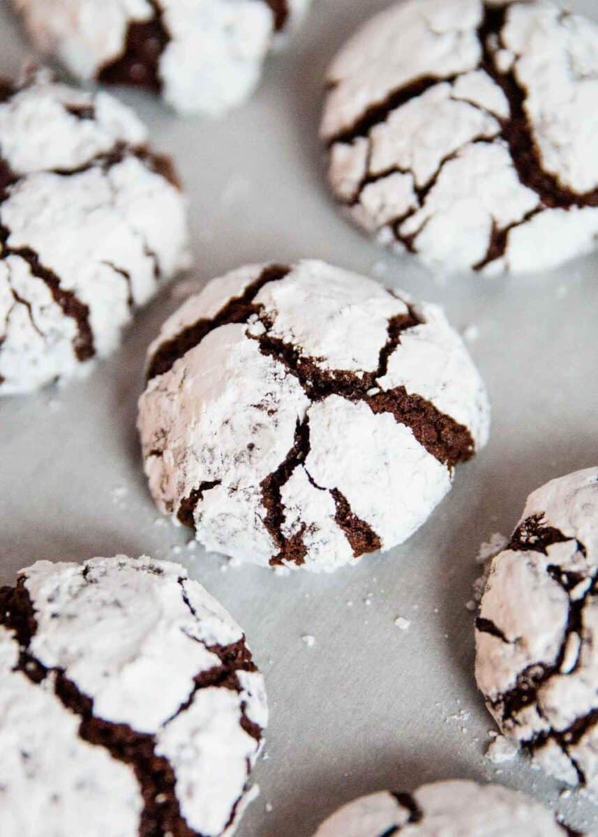 close up of chocolate crinkle cookie 