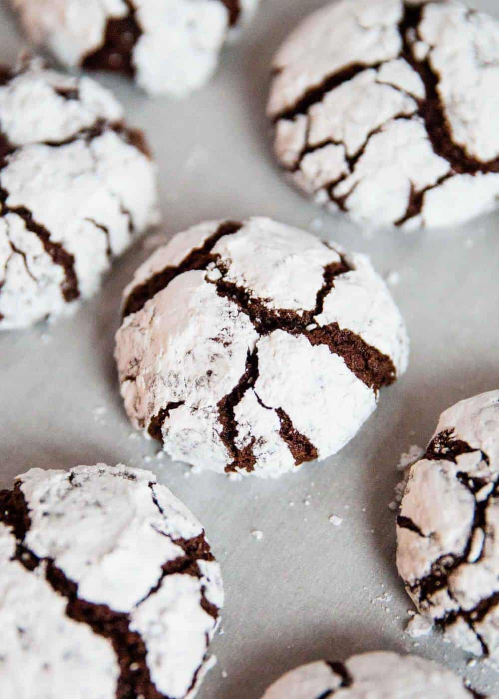 Close up of chocolate crinkle cookie.