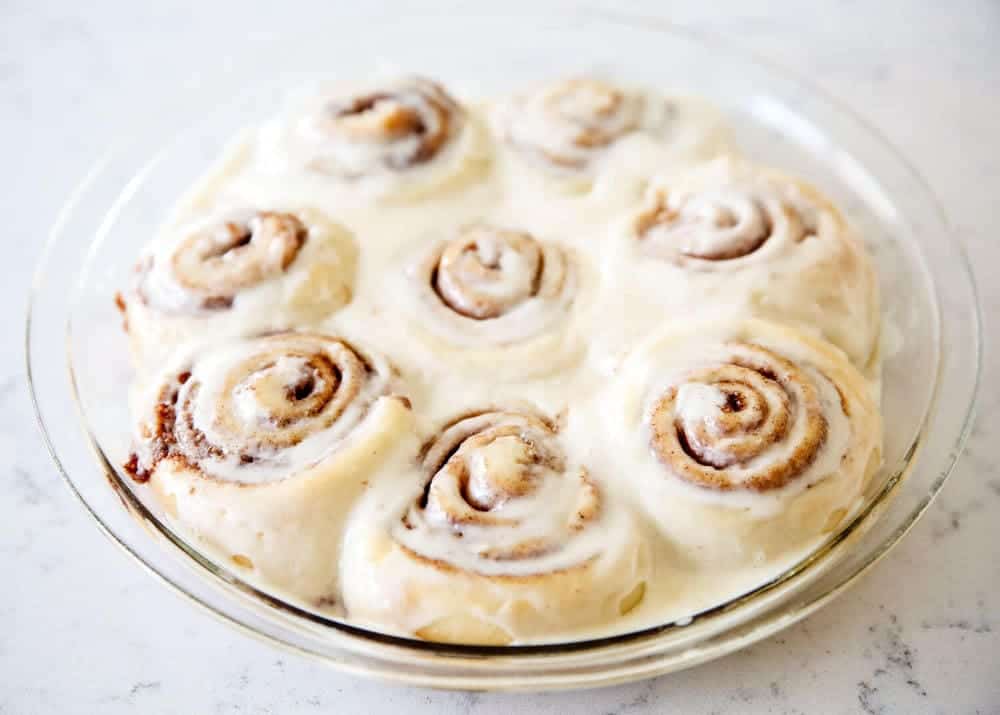 Cinnamon rolls in a glass dish.