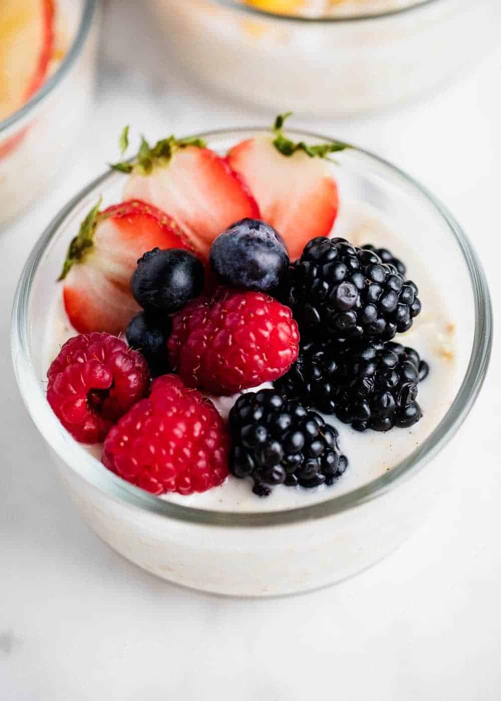 Overnight oats with fresh berries on top.