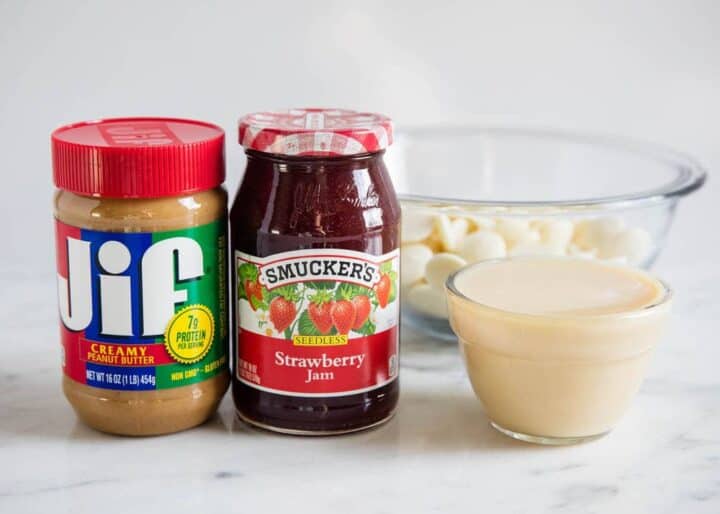 ingredients for peanut butter jelly fudge on counter 