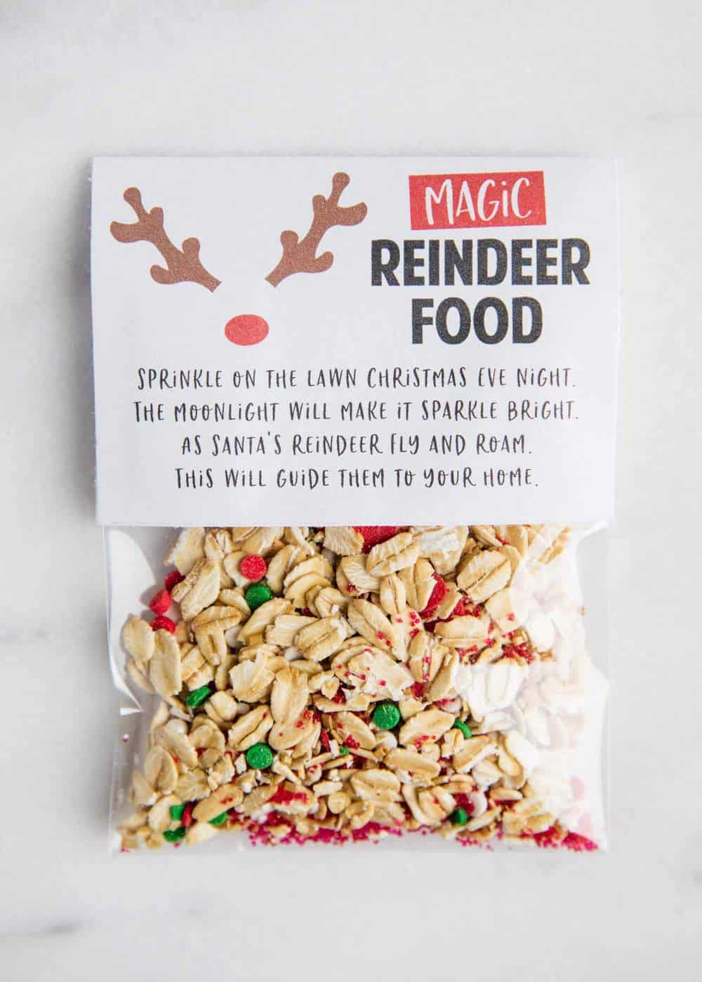Bag of reindeer food with a poem label on top.