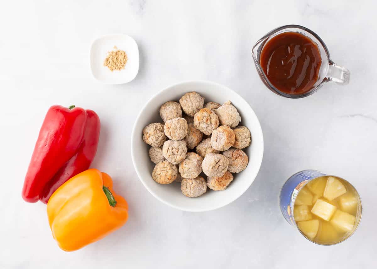 Hawaiian meatball ingredients on counter.