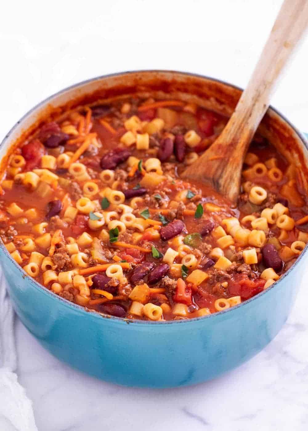 Close up of pasta e fagioli in pot. 